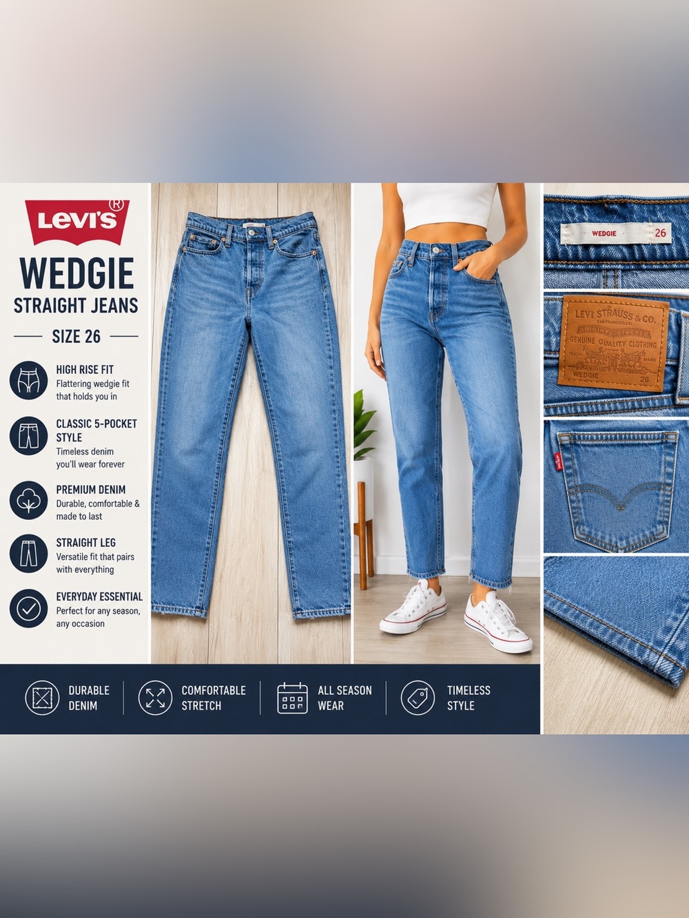 Levi’s Wedgie Straight Jeans Women’s Size 26 High Rise Distressed Hem Light